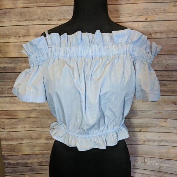 BP Cold Shoulder Ruffle Trim Pinstripe Top - Picture 6 of 8